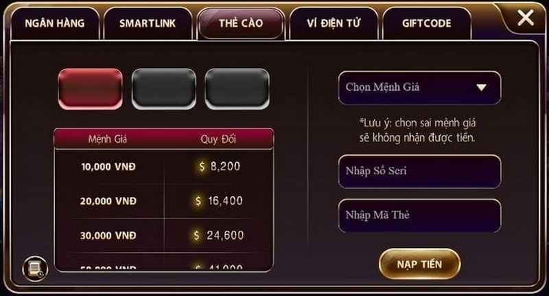 nạp tiền qua thẻ cào