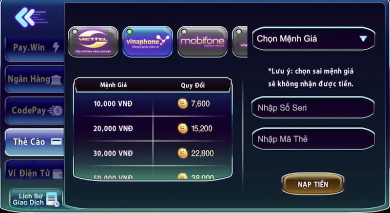 nạp tiền ranvip bằng thẻ cào